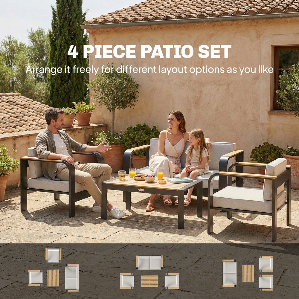 Outsunny 4 Seater Beige Aluminium Frame Garden Lounge Set with Olefin Cushion Image 3