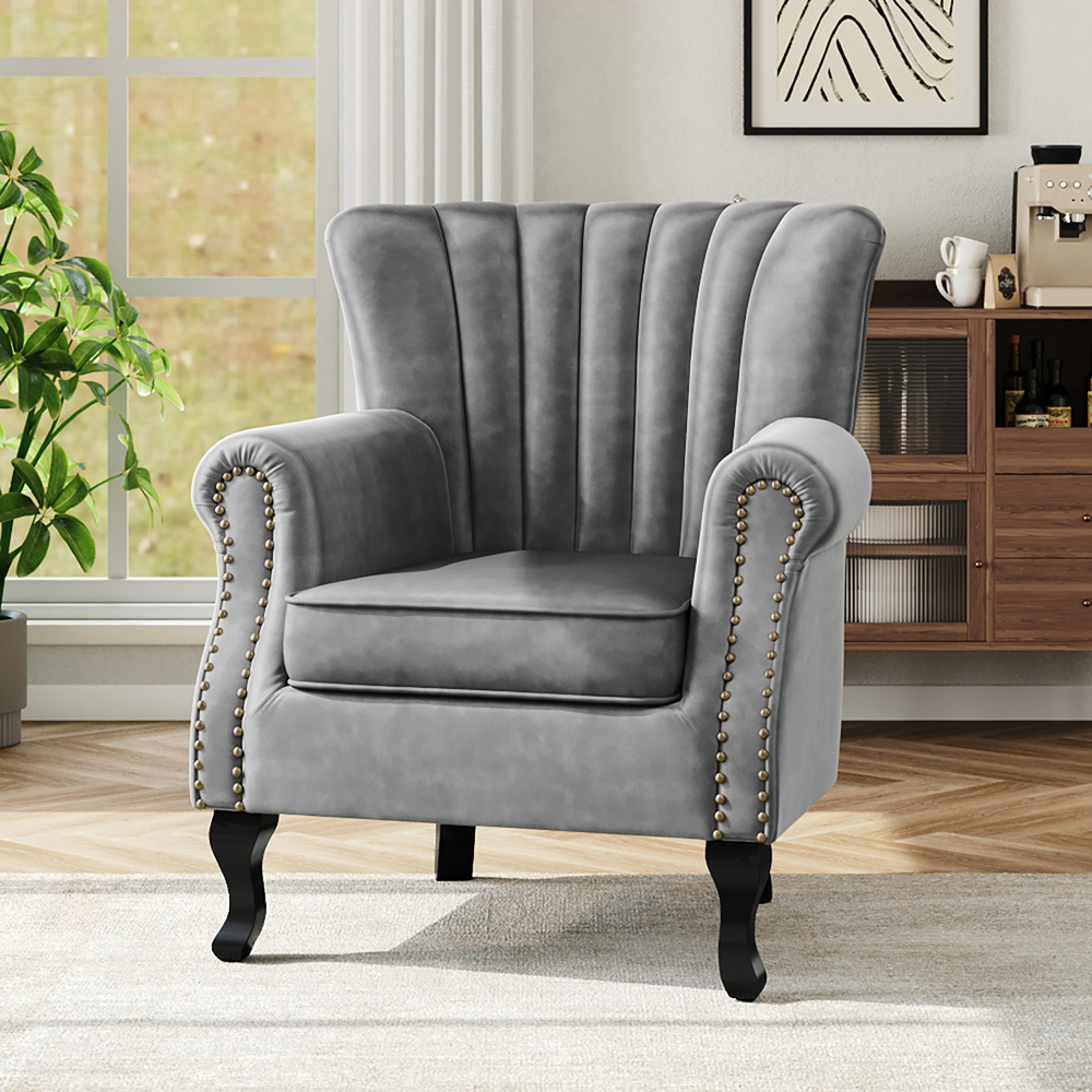 Living and Home Vintage Grey Velvet Wingback Armchair Image 8