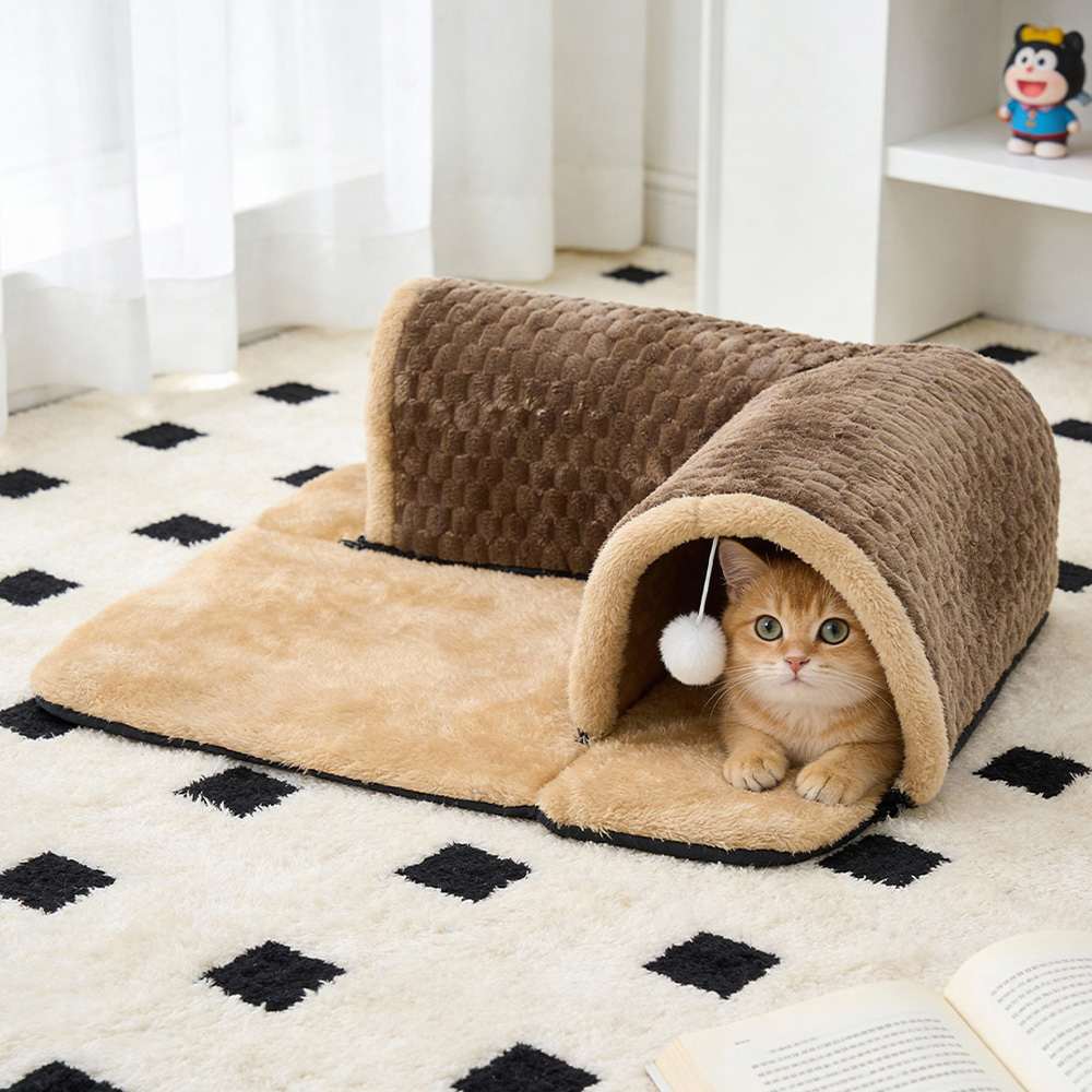 H&O Direct 60cm 2-in-1 Cat Tunnel Bed with Hanging Ball Toys Image 5