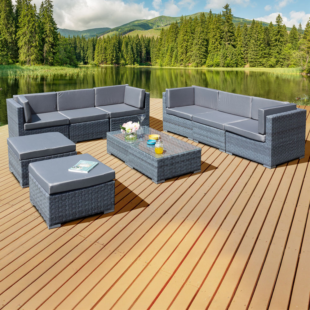 Oseasons Trinidad Deluxe 8 Seater Ocean Grey Rattan Sofa Set with Grey Cushions Image 1