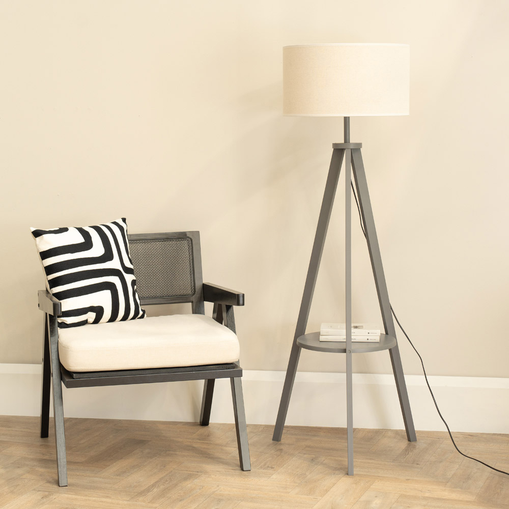 ValueLights Morrigan Grey Wood Shelf White Trim Shade Tripod Floor Lamp with Bulb Image 3