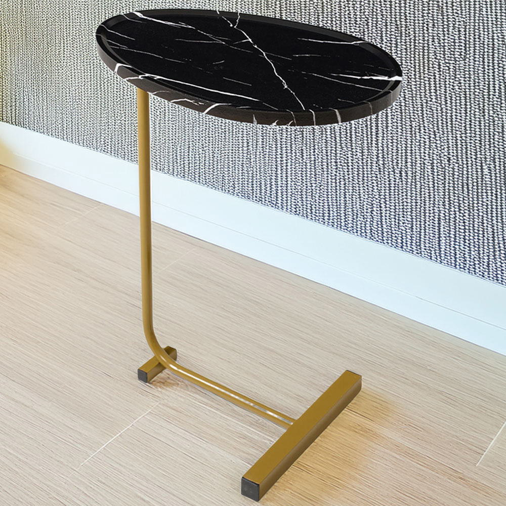 Living and Home Black and Gold Marble Effect C-Shape Side Table Image 1