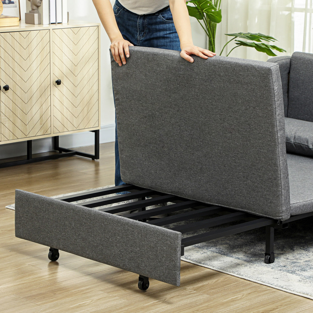 HOMCOM 2 Seater Grey Fabric Pull Out Sofa Bed with Pillows and Side Pockets Image 3