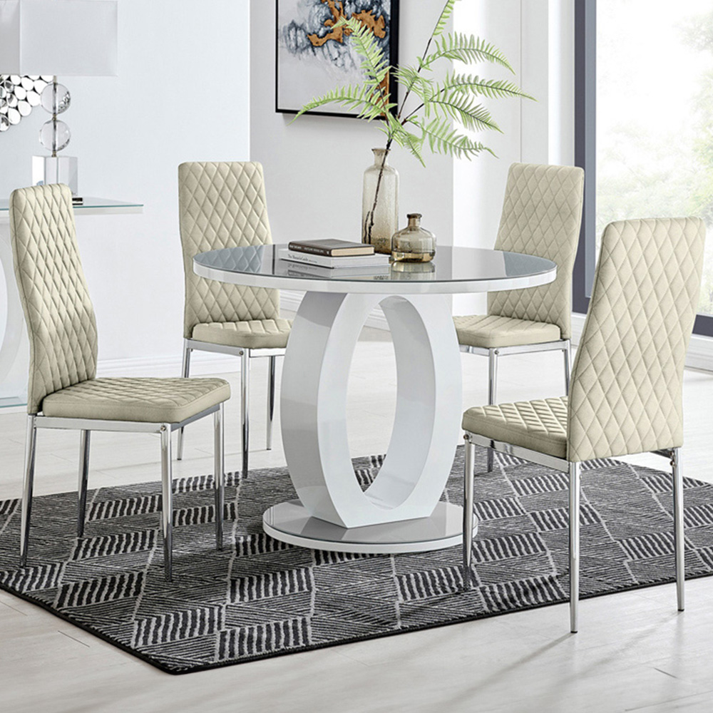 Furniturebox Lucia Valera 4 Seater Round Dining Set Grey Gloss Cream and Chrome Image 1