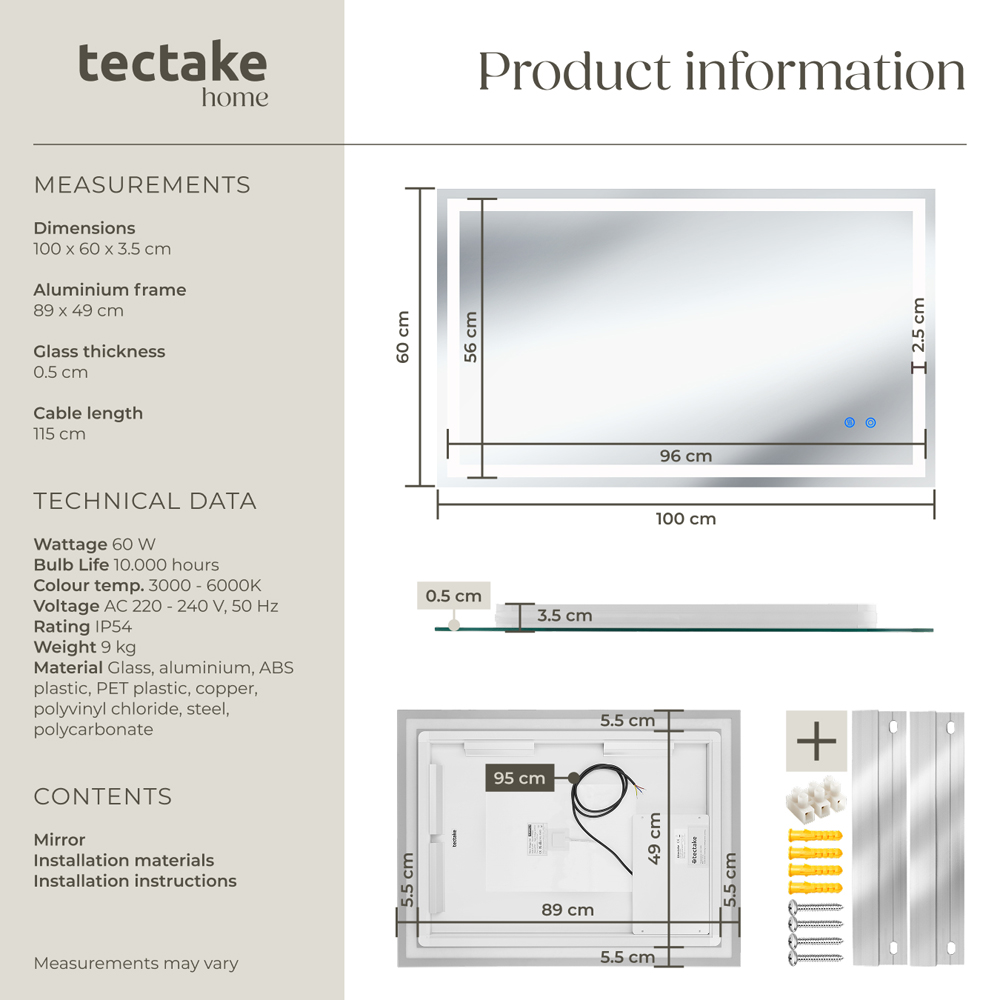 tectake Clara Multicolour Anti-Fog Frameless Rectangular LED Bathroom Wall Mirror 100 x 60cm Image 8