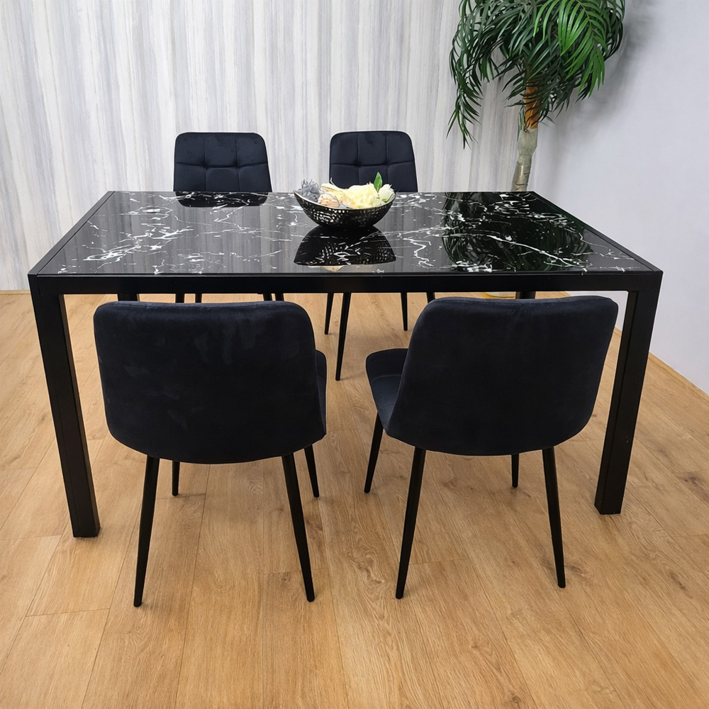 Portland Marble Effect Glass 4 Seater Velvet Dining Set Black Image 2