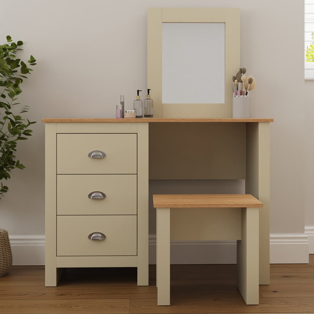 GFW Lancaster 3 Drawer Cream Dressing Table Set with Mirror Image 1