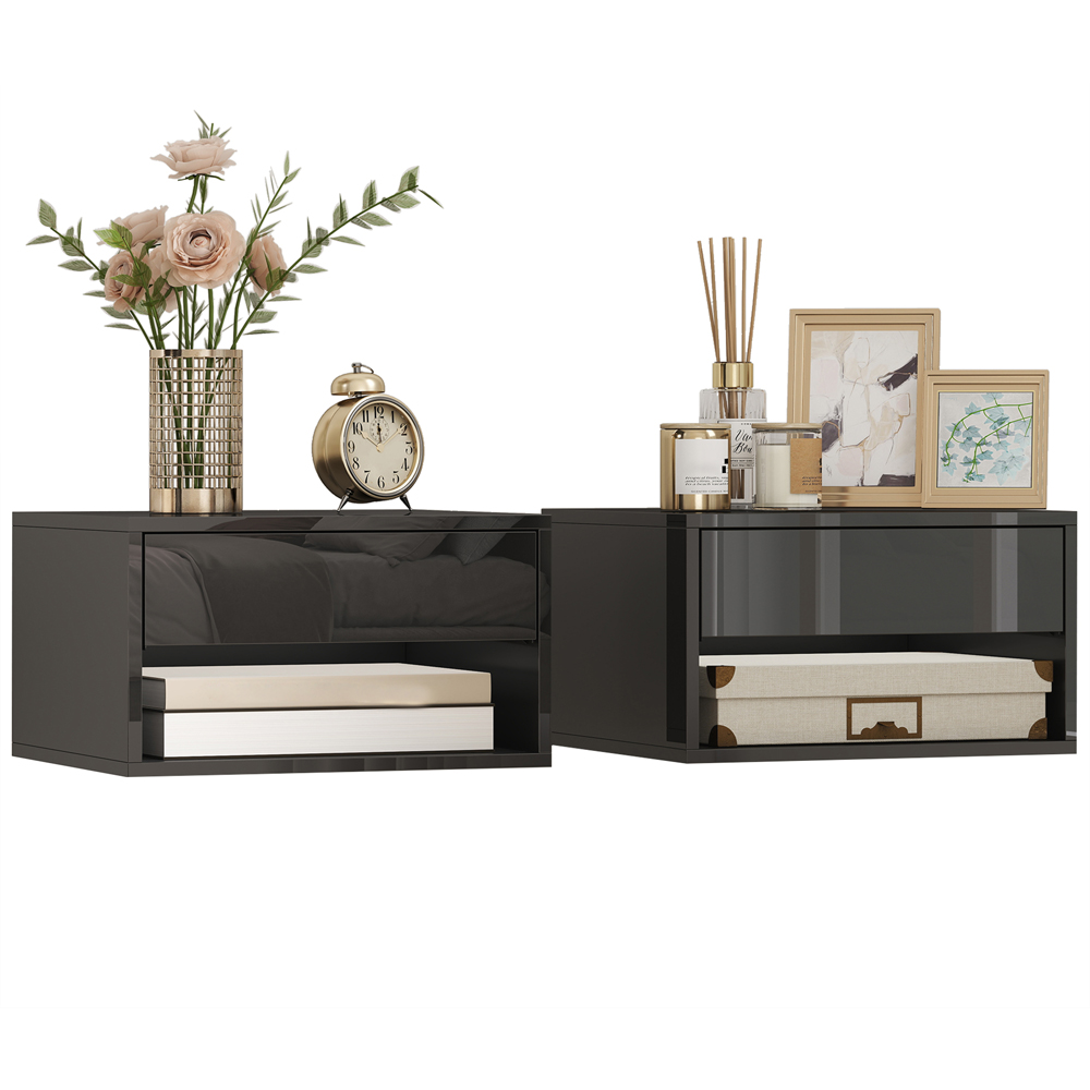Portland Single Drawer Single Shelf High Gloss Black Floating Nightstand Set of 2 Image 2