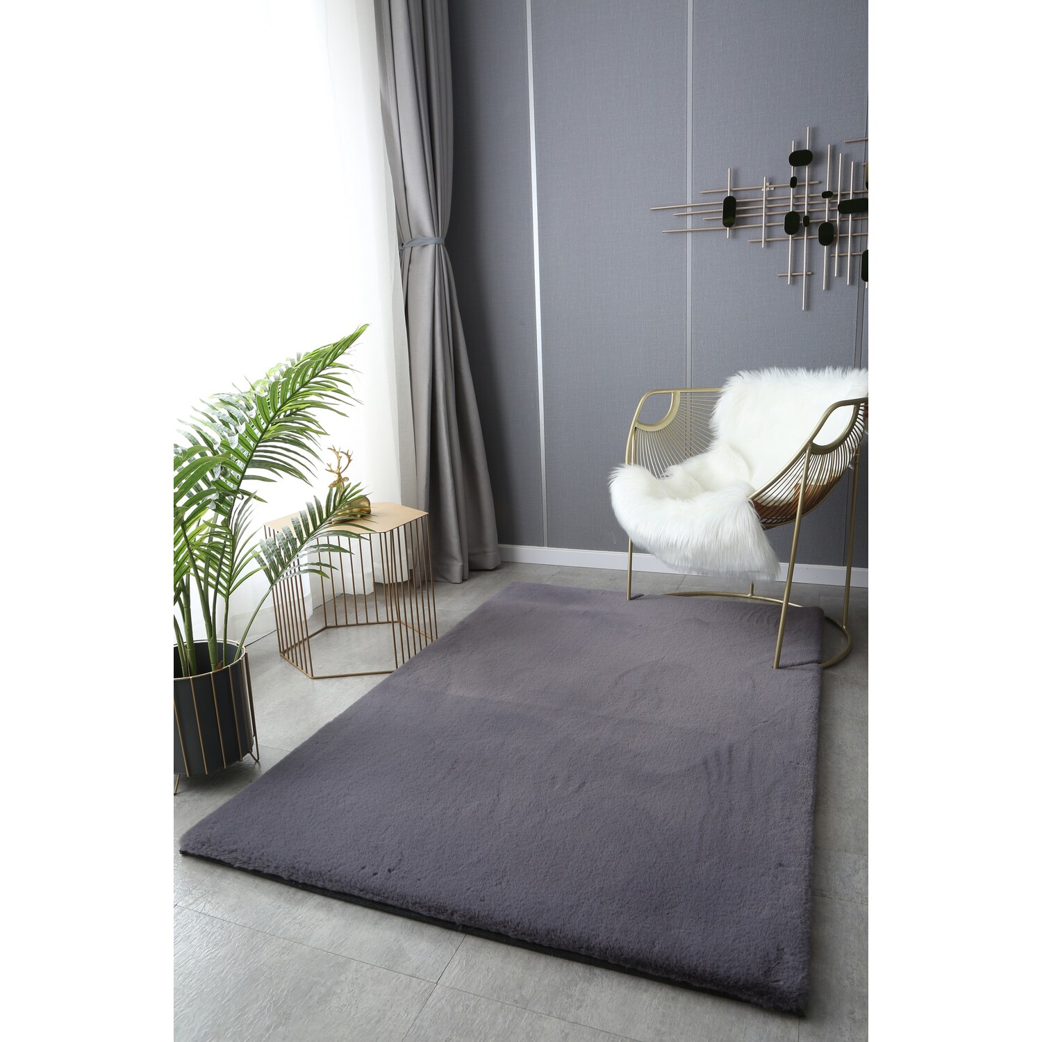 Lux Slate Rabbit Faux Fur Rug 150 x 100cm Image 2
