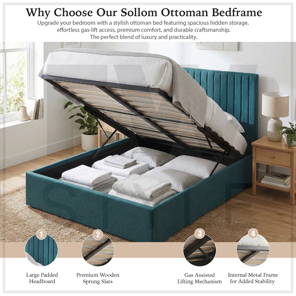 FWStyle Sollom King Size Teal Upholstered Lift-Up Ottoman Bed Frame with Ribbed Headboard Image 8