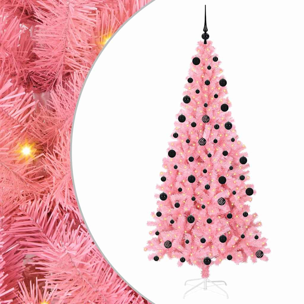 vidaXL Pre-Lit Black Baubles Pink Artificial Christmas Tree 7ft Image 2