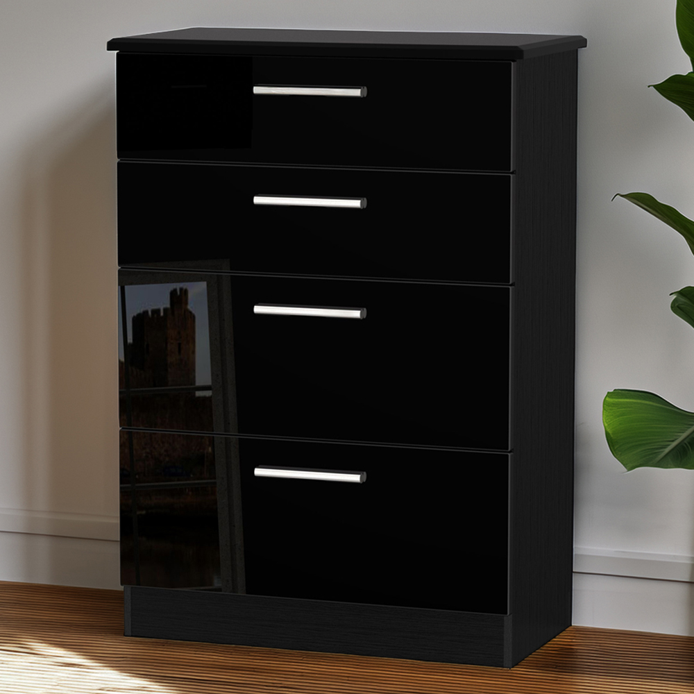 Crowndale Knightsbridge 4 Drawer Black Gloss and Black Deep Chest of Drawers Ready Assembled Image 1