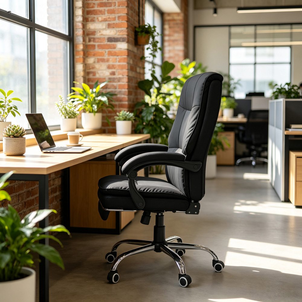 Living and Home Black PVC Leather Reclining Backrest Office Chair with Footrest Image 7
