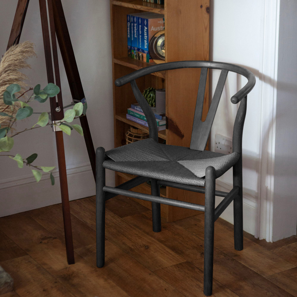 Nicholas Winter Set of 6 Black Woven Rope Beech Wooden Wishbone Dining Chair Image 4