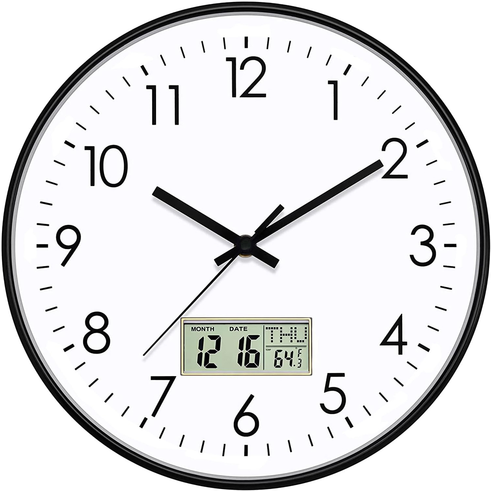ATEK Black Silent Digital Wall Clock with Date Day and Temperature Display 30cm Image 1