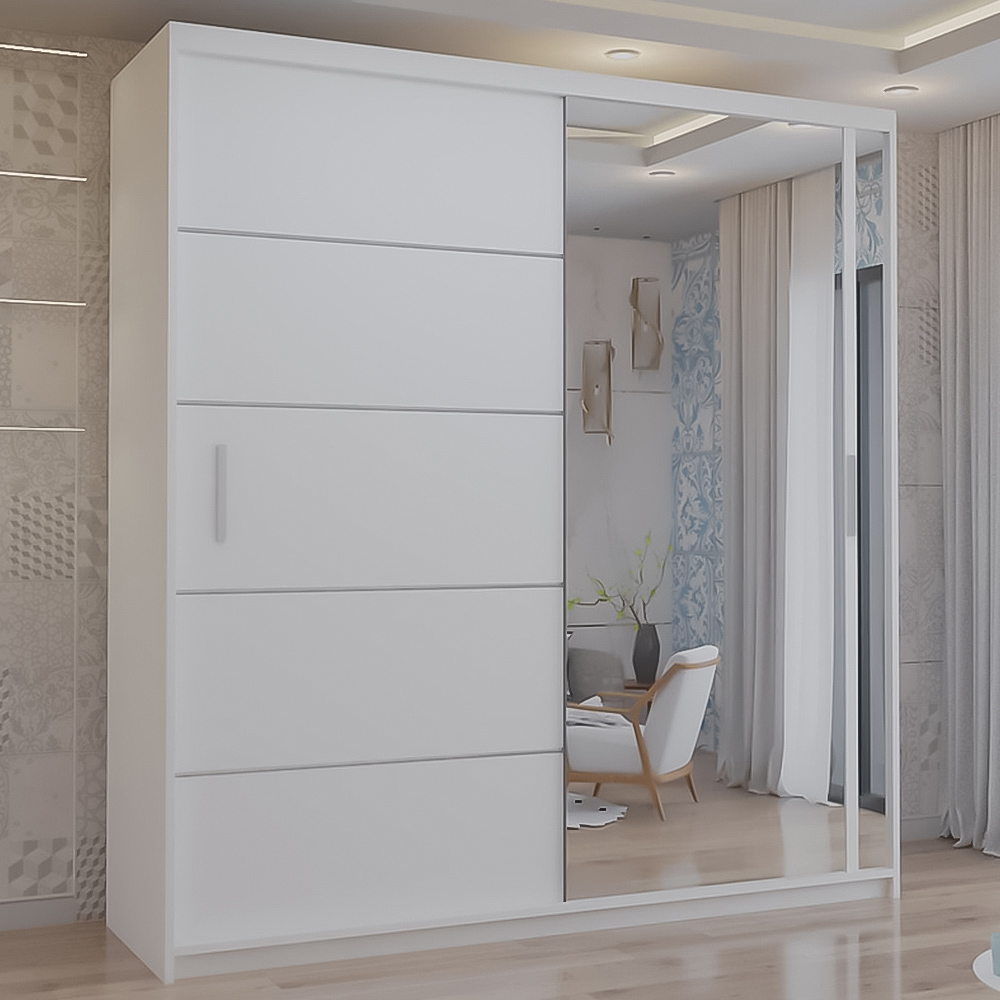M N Furniture Venece 2 Door White Mirrored Sliding Wardrobe 150cm Image 1