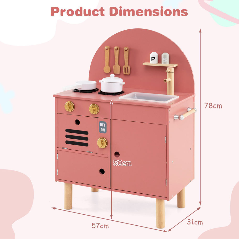 Costway Kids Pink Wooden Kitchen Play Set with Stoves Faucet Image 7