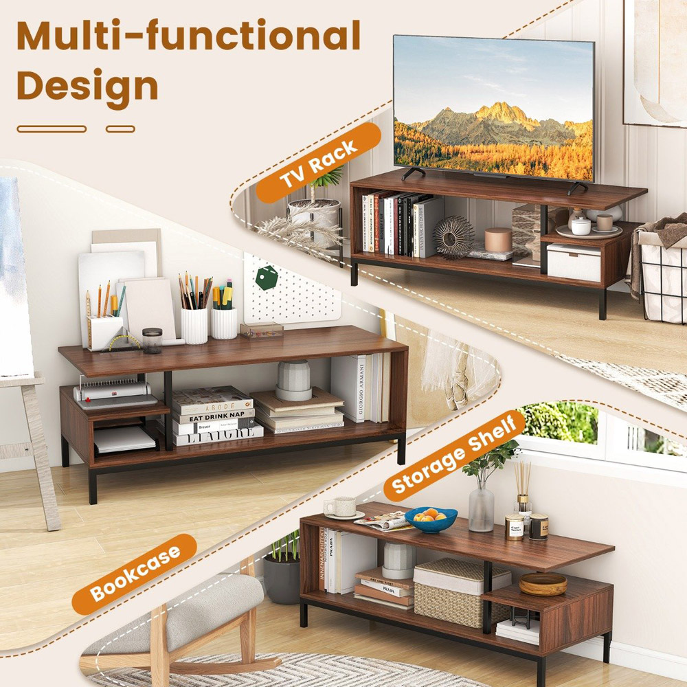 Costway 2 Shelves Walnut Industrial TV Unit Image 6