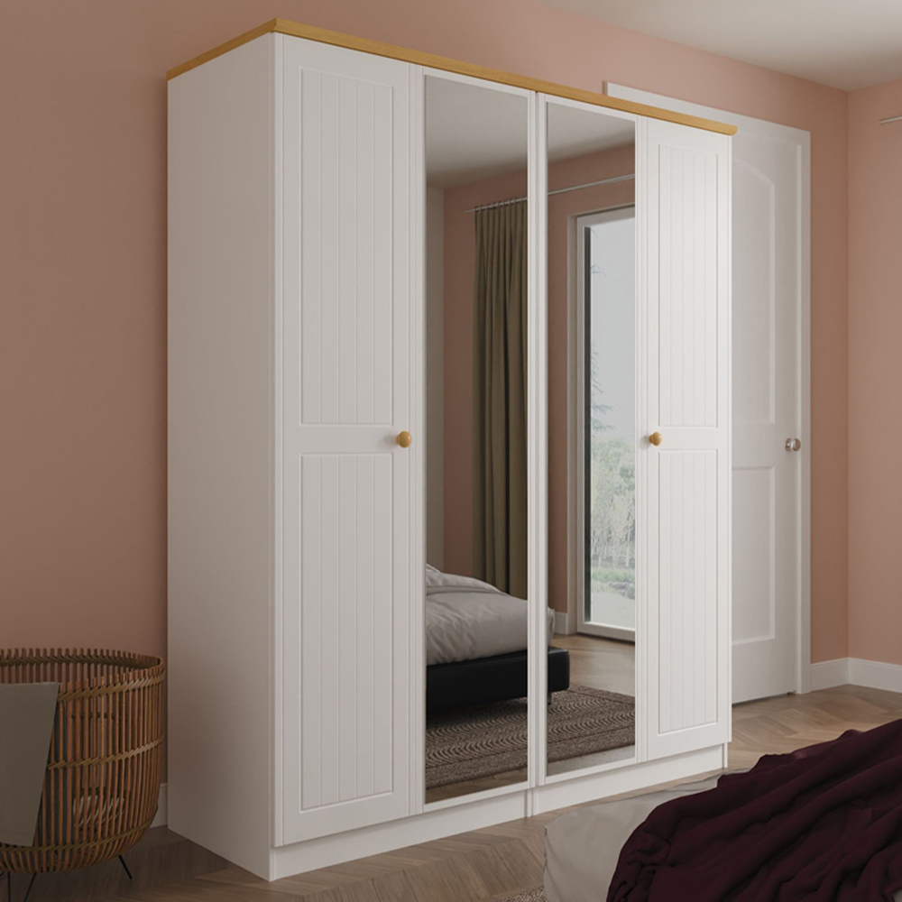 Crowndale Warwick 4 Door White Ash and Modern Oak Mirror Wardrobe Ready Assembled Image 1