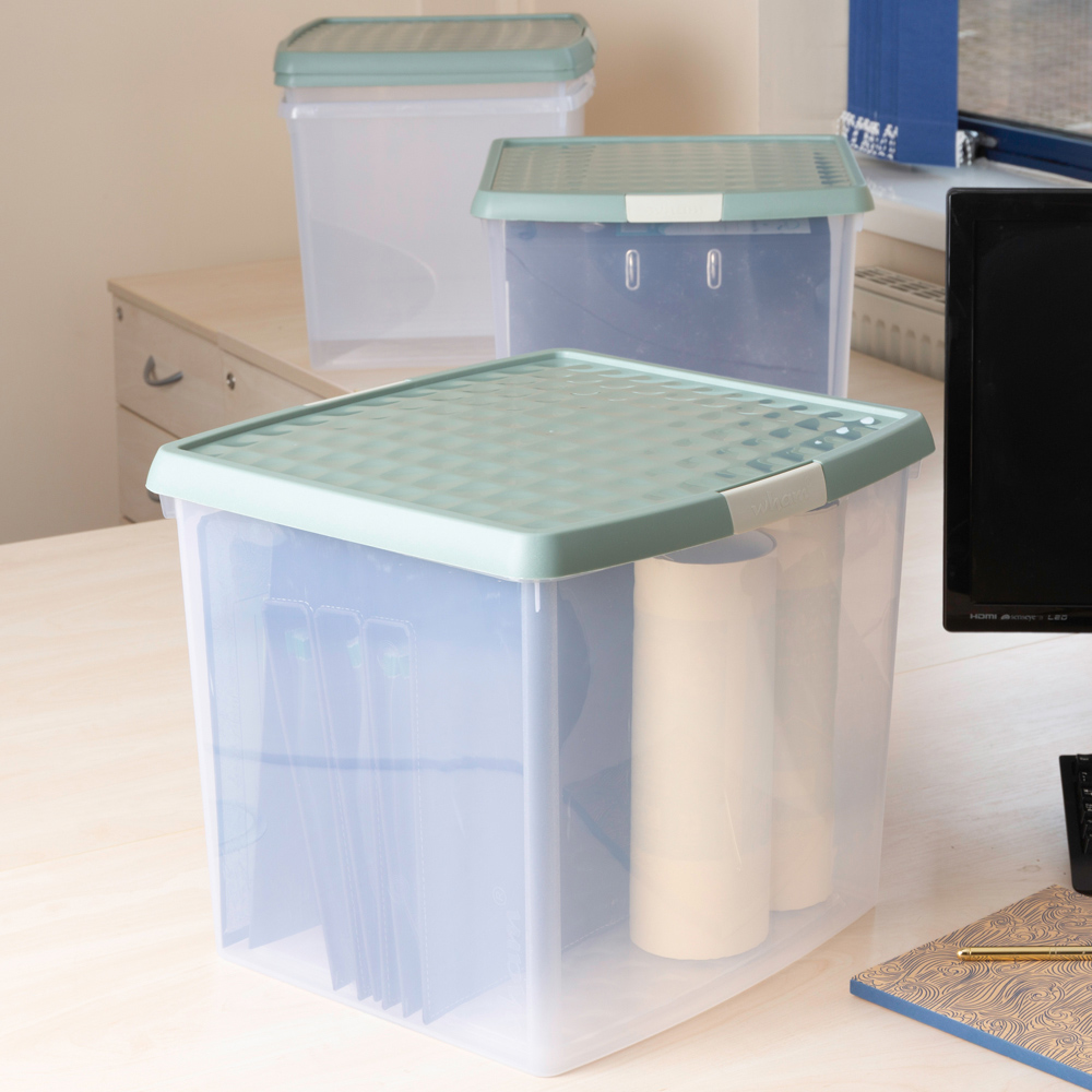 Wham Clip 37L Clear Green Milieu and Stone Square Storage Box with Lid 4 Pack Image 2
