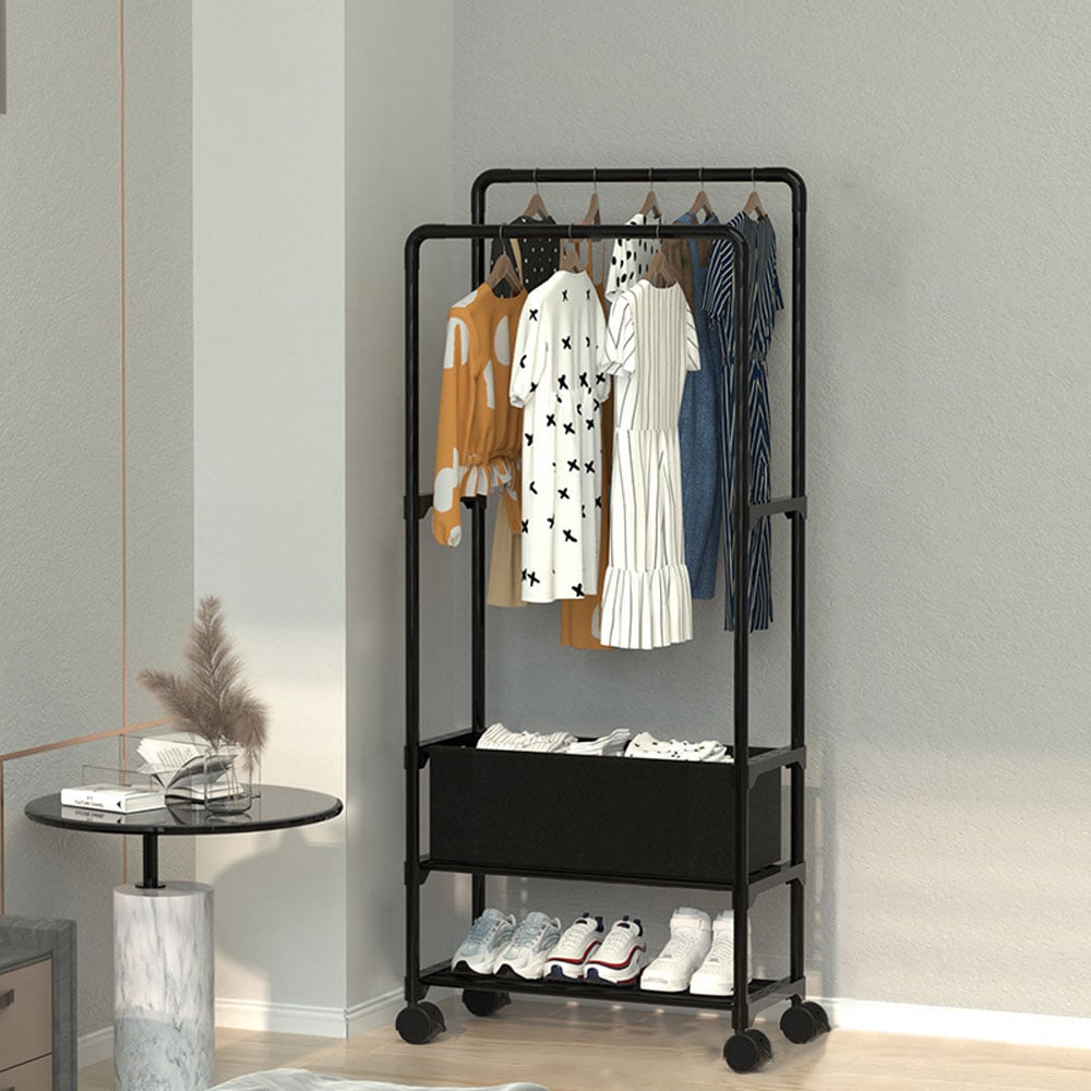 Living and Home Double Rod Metal Clothes Rack with Wheels and Laundry Basket Image 7