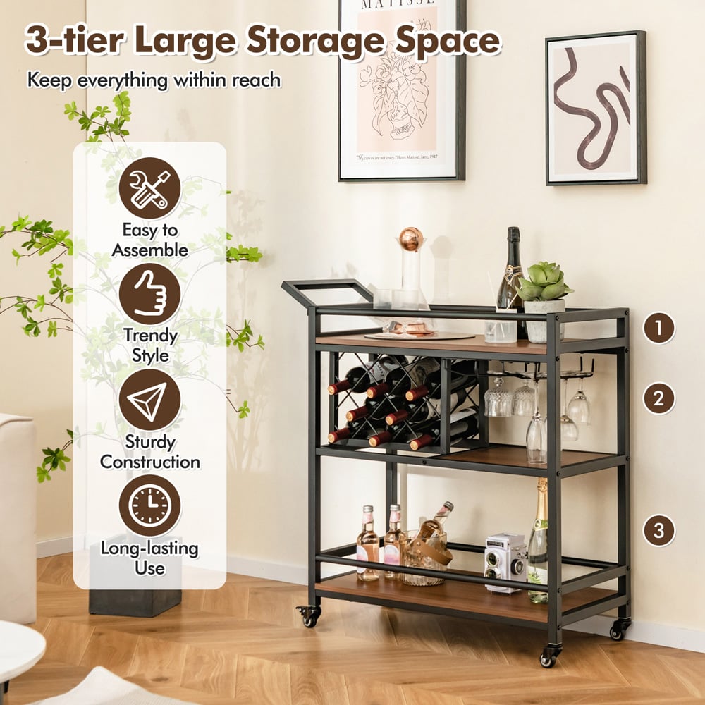 Costway 3 Shelf 8 Bottle Walnut Bar Serving Cart with Wine Racks Image 7
