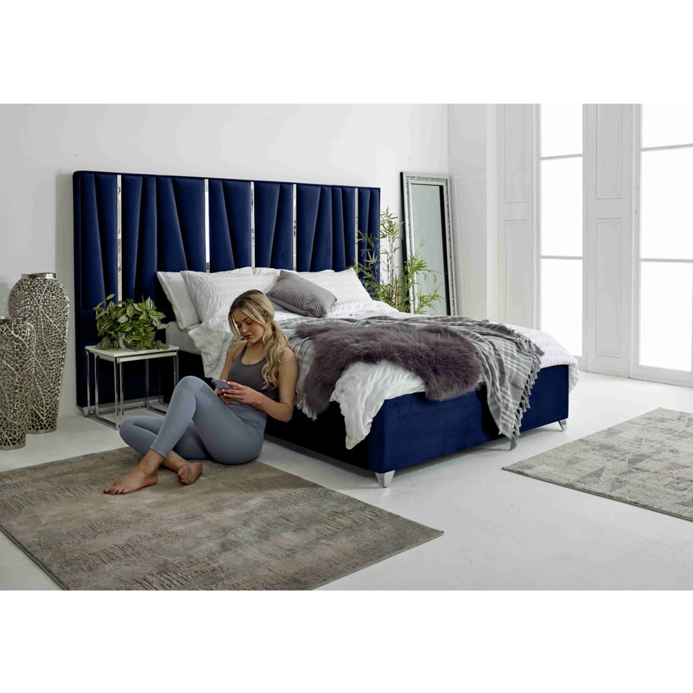 Eleganza Mila Single Blue Plush Velvet Bed Frame with Lined Headboard Image 8