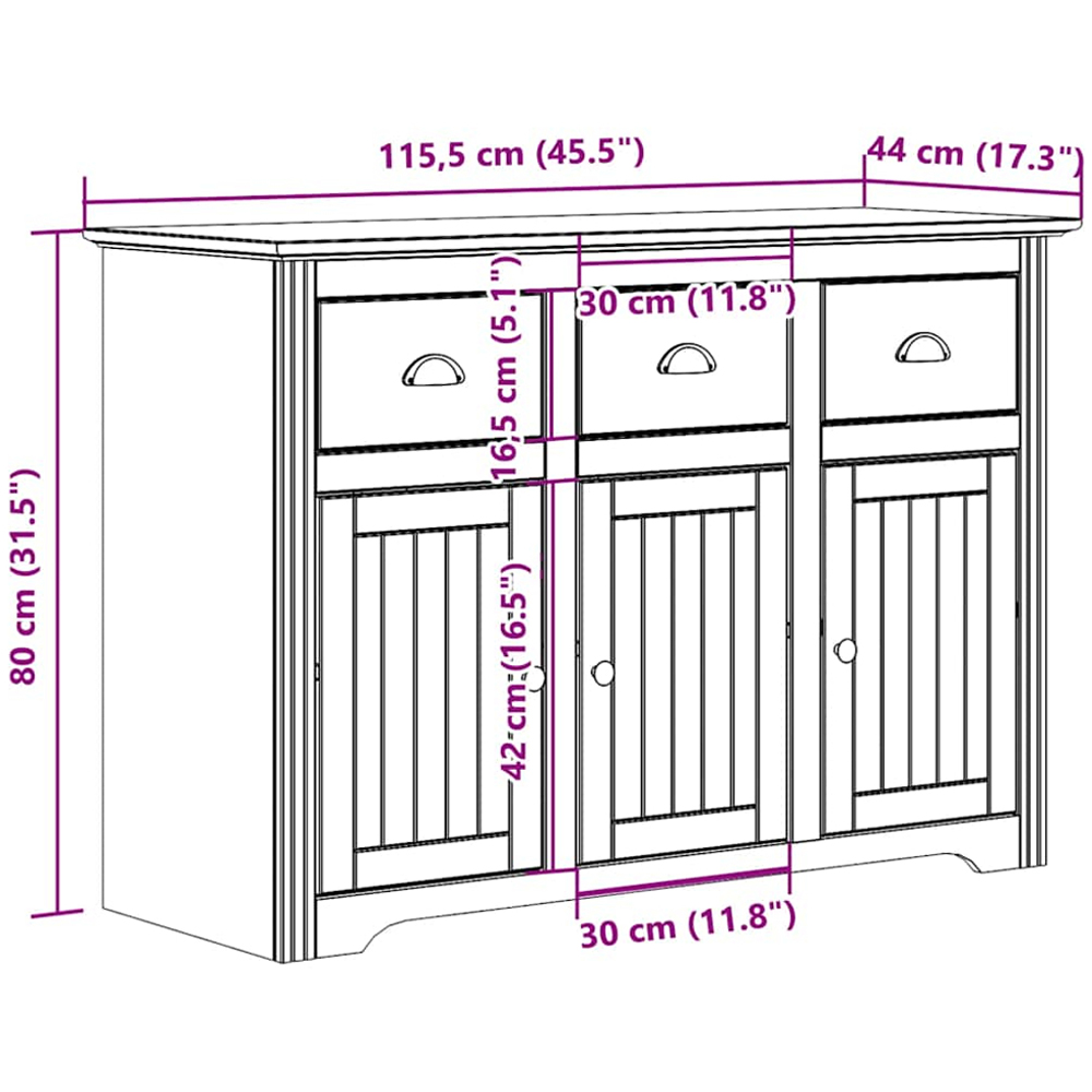 vidaXL Bodo 3 Door 3 Drawer White and Brown Solid Pine Wood Sideboard Image 9