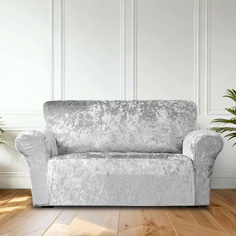 Homerepublic 2 Seater Silver Crushed Velvet Stretch Fit Sofa Cover Image 2