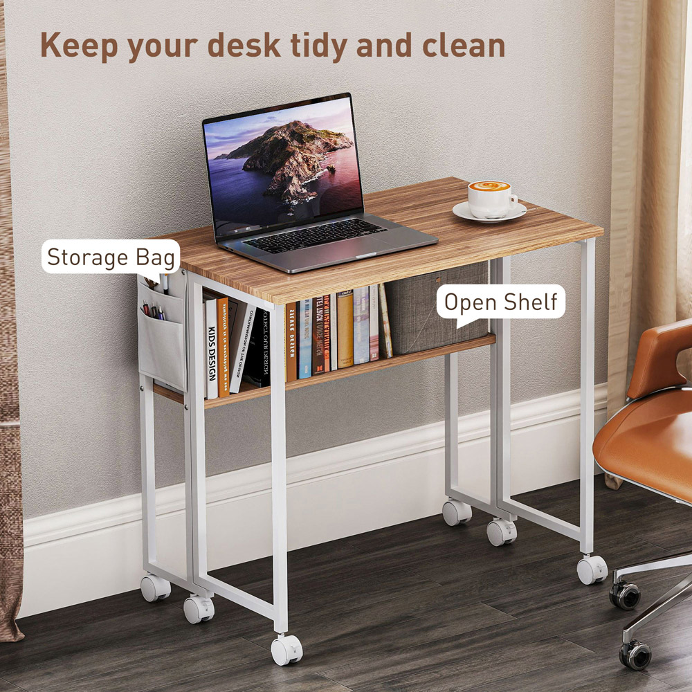 HOMCOM Single Shelf Foldable Computer Desk with Wheels and Side Bag Natural Image 5