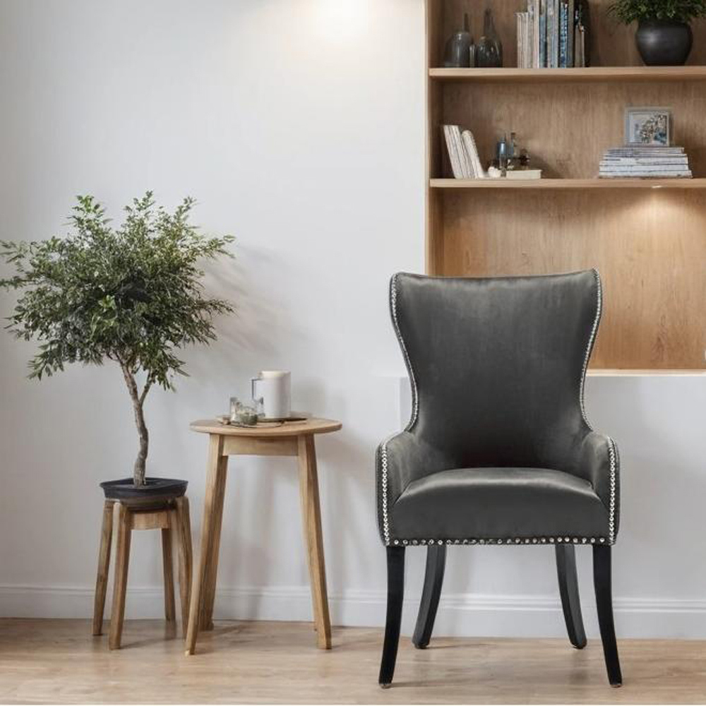H&O Direct Coffee Vintage Velvet Studded Dining Chair Image 4