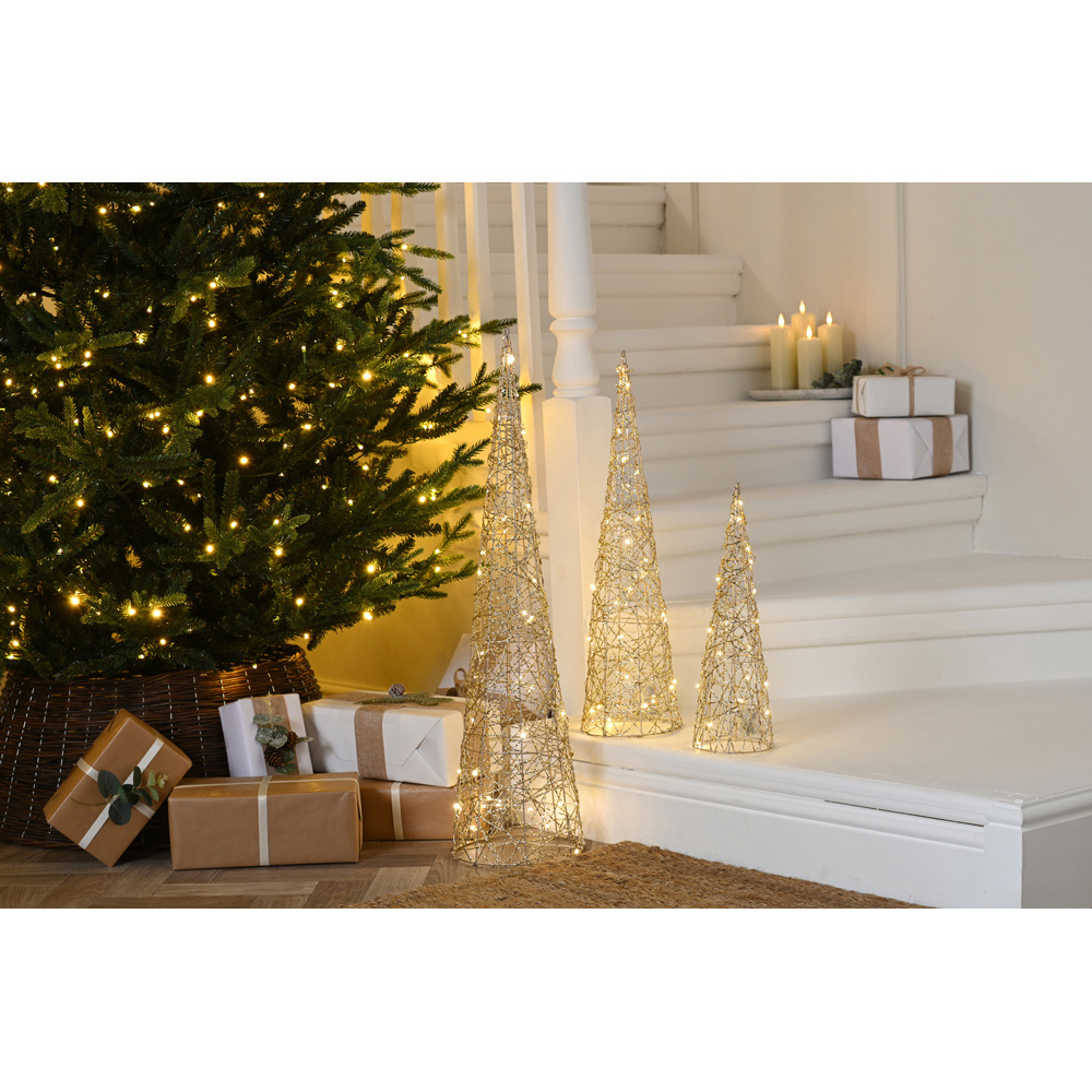Festive 3 Piece Warm White LED Gold Shimmer Christmas Cone Tree Set Image 2