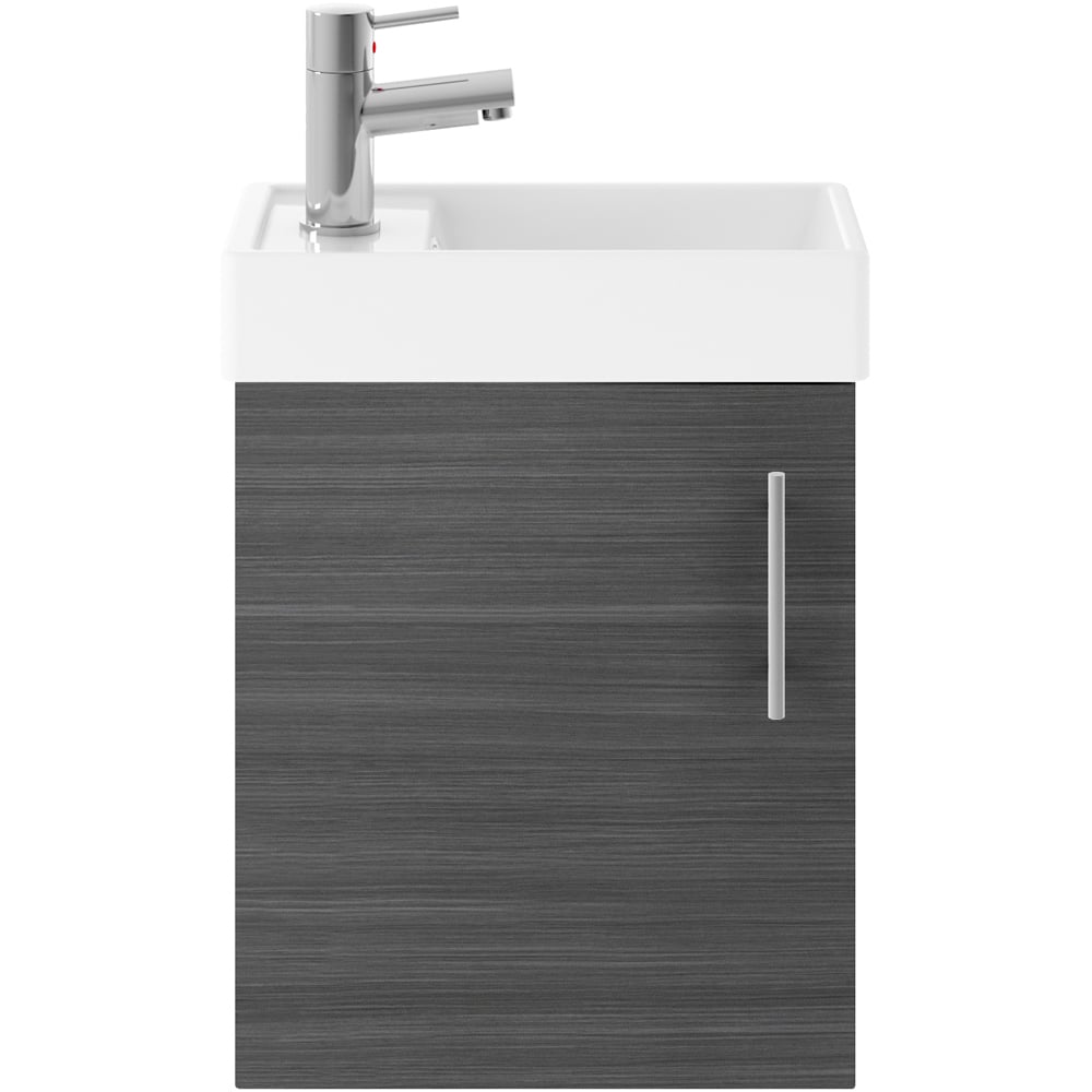 nuie Vault Single Door Anthracite Woodgrain Wall Hung Vanity Unit and 1 Tap Hole Ceramic Basin 400mm Image 1