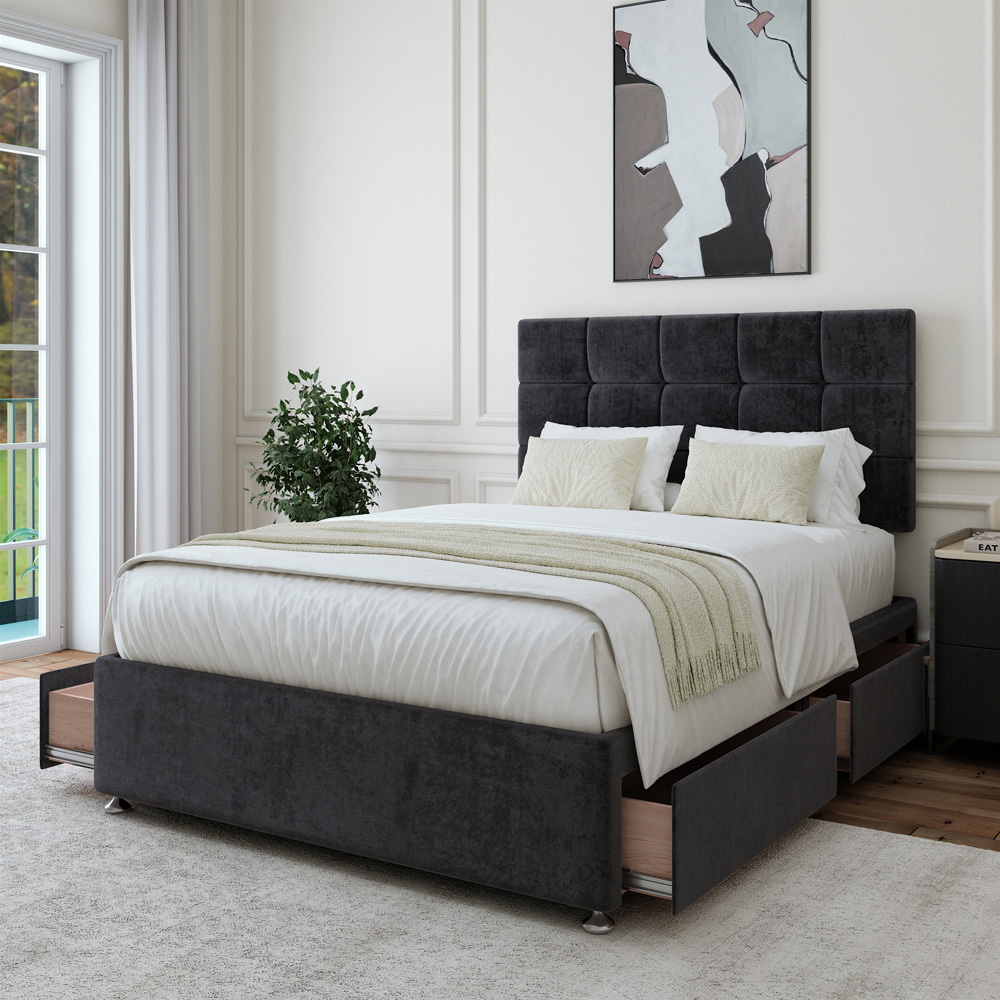 Bedmaster King Size Black Naples Velvet 4 Drawer Divan Base with Pearl Headboard Image 3