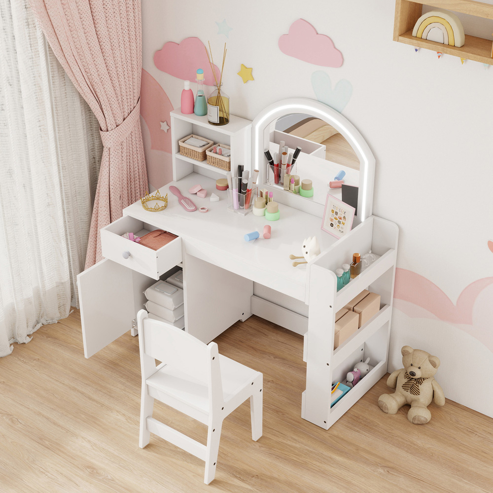 AIYAPLAY 2 Piece White LED Mirror Kids Dressing Table and Stool Set Image 3