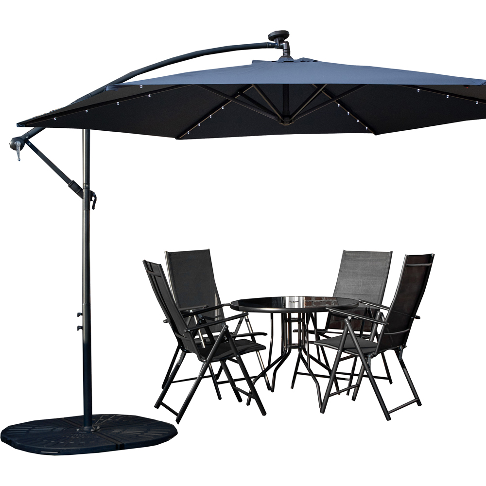 Samuel Alexander 4 Seater Glass Top Foldable Dining Set with Blue Banana Lit Parasol and Base Image 2