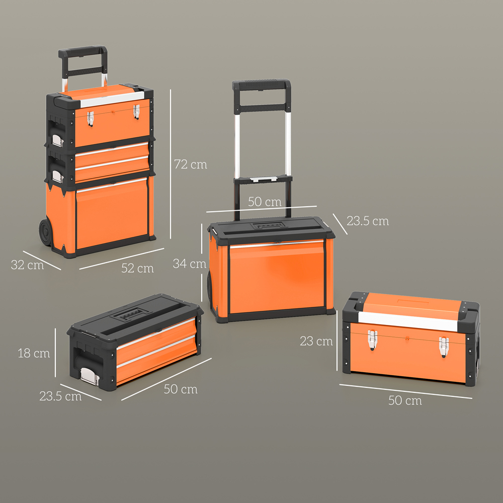 HOMCOM 3 Tier Orange Stackable Steel Tool Box with Wheels Image 9