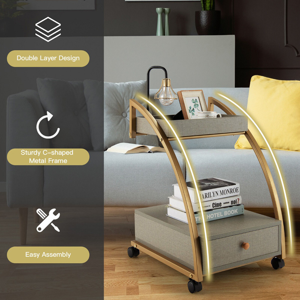 Costway Single Drawer 2 Shelf Grey Rolling End Table Image 8