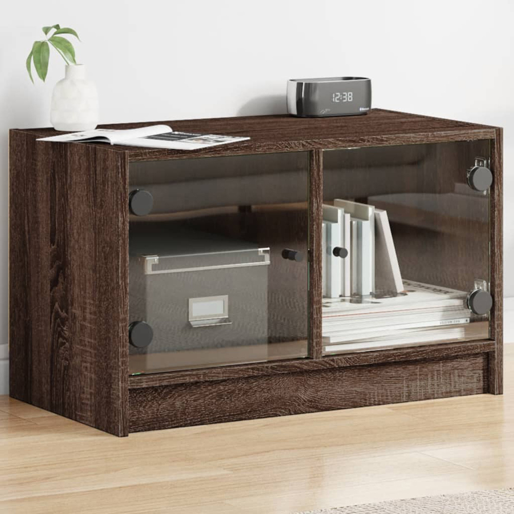 vidaXL 2 Glass Door Brown Oak Wooden TV Cabinet Image 1