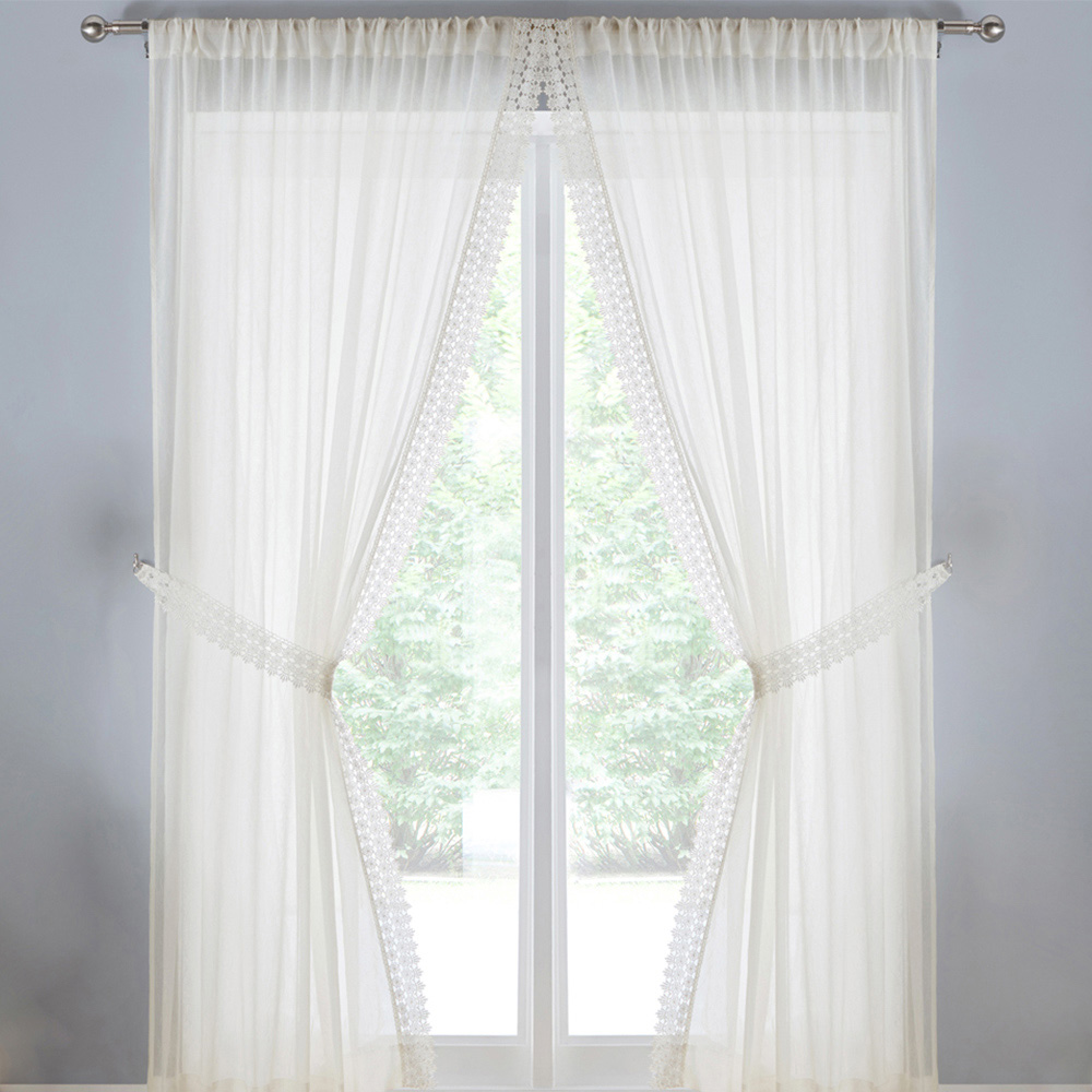 Enhanced Living Windsor Cream Macrame Trim Sheer Rod Pocket Voile Panels 140 x 137cm Image 1