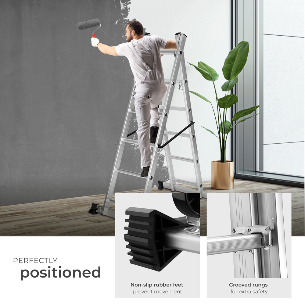 Tectake 3 in 1 Silver Aluminium Non Slip Ladder with 2 Practical Wheels Image 8