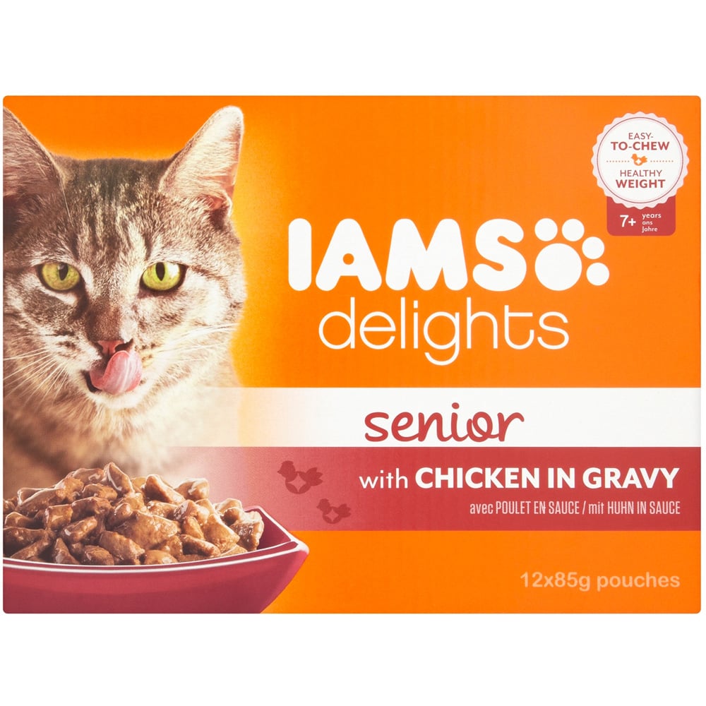 IAMS Delights Land and Sea Collection in Gravy Senior Cat Wet Food Pouches 85g 12 Pack Image