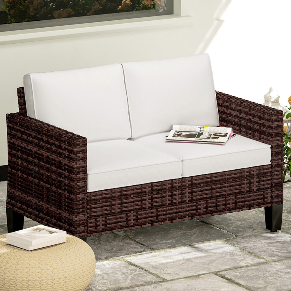 Outsunny 2 Seater Brown Cushion Rattan Garden Sofa Image 1