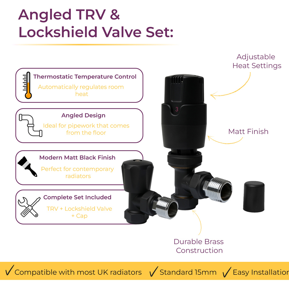 Go Bathrooms Black Angled Thermostatic Radiator Valves Set 15mm Image 4