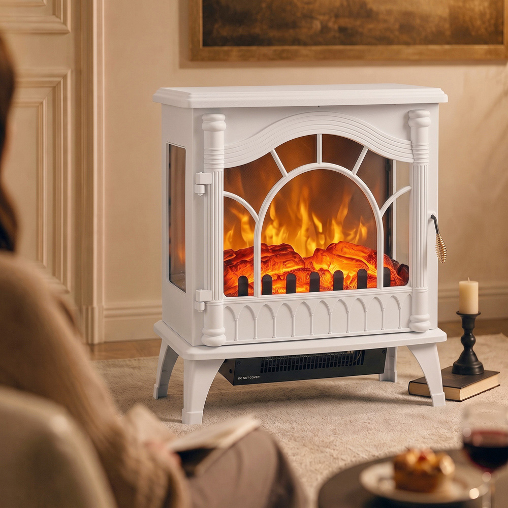 HOMCOM 3-Sided White Glass Electric Fire Fan Heater with Flame Effect Image 3