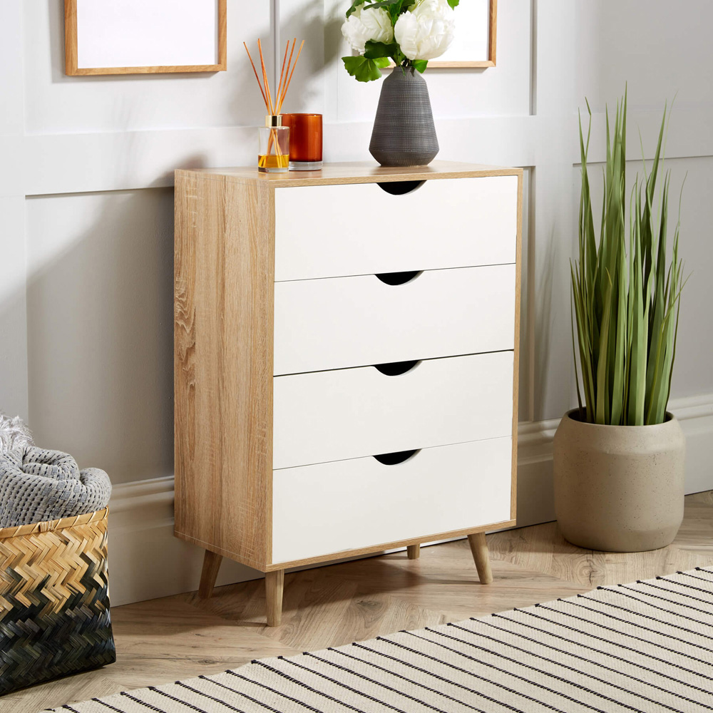 Home Source Boden 4 Drawer Oak and White Wide Chest of Drawers Image 6
