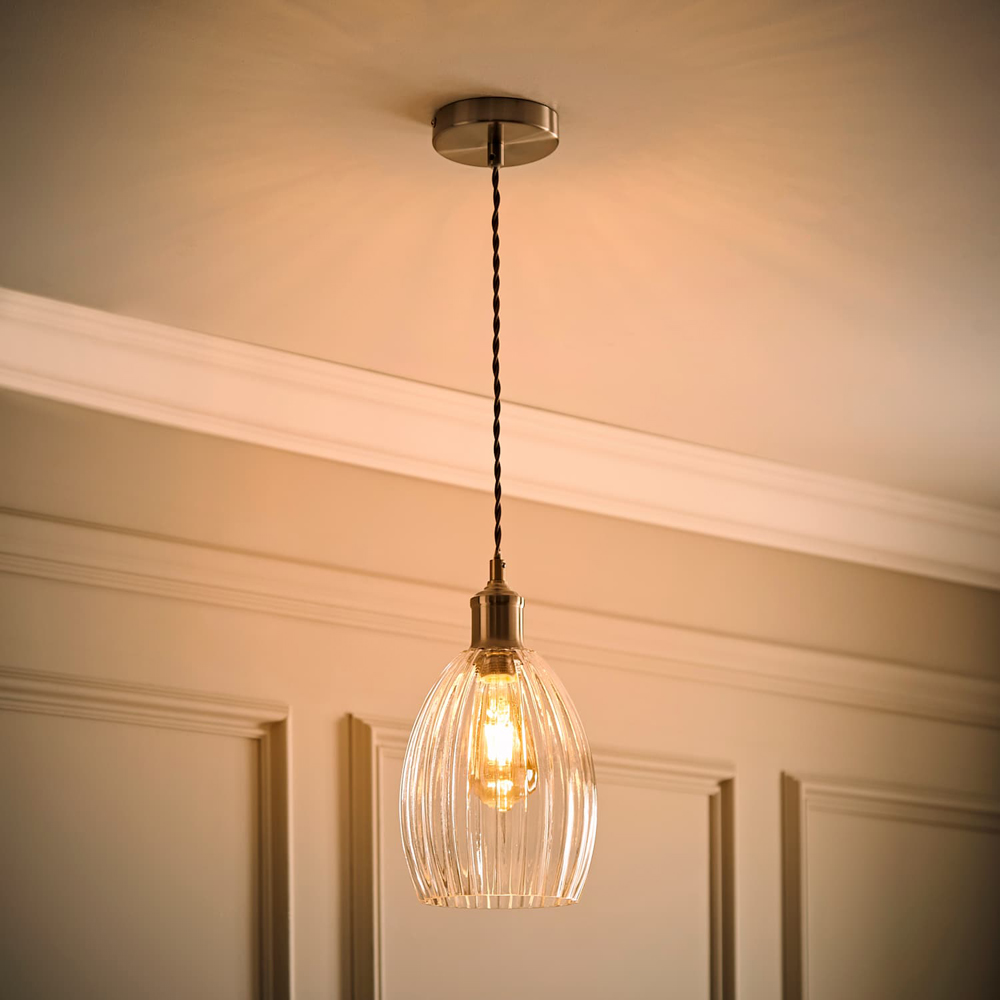 ValueLights Cheltenham Ribbed Shade Brushed Chrome Ceiling Pendant Light with Bulb Image 2
