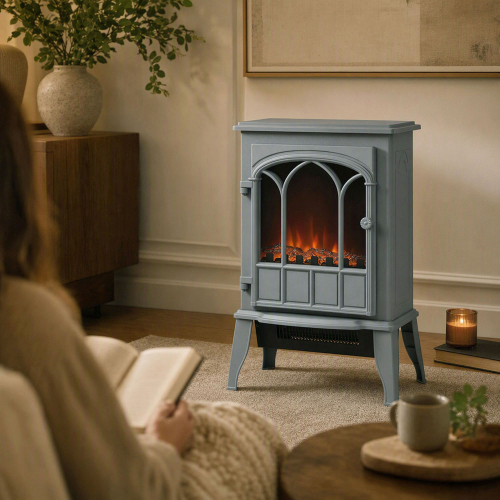 HOMCOM Grey Freestanding Electric Log Burner with LED Flame Effect Image 3
