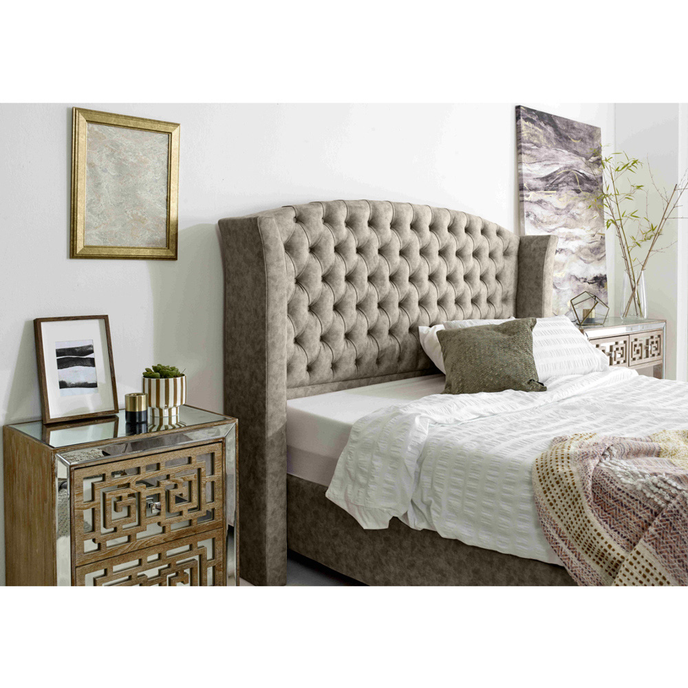 Eleganza Roseland Super King Size Taupe Oakland Fabric Bed Frame with Chesterfield Headboard Image 2