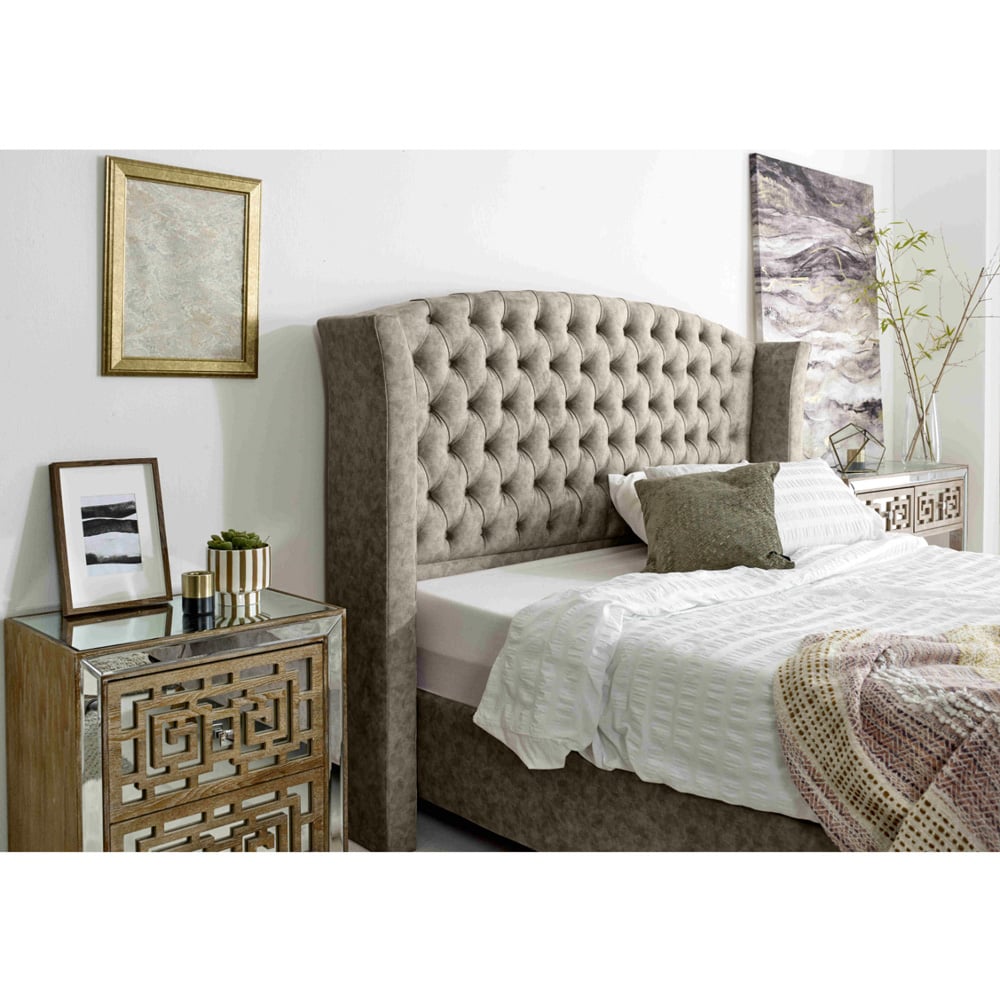 Eleganza Roseland Double Taupe Oakland Fabric Bed Frame with Chesterfield Headboard Image 2